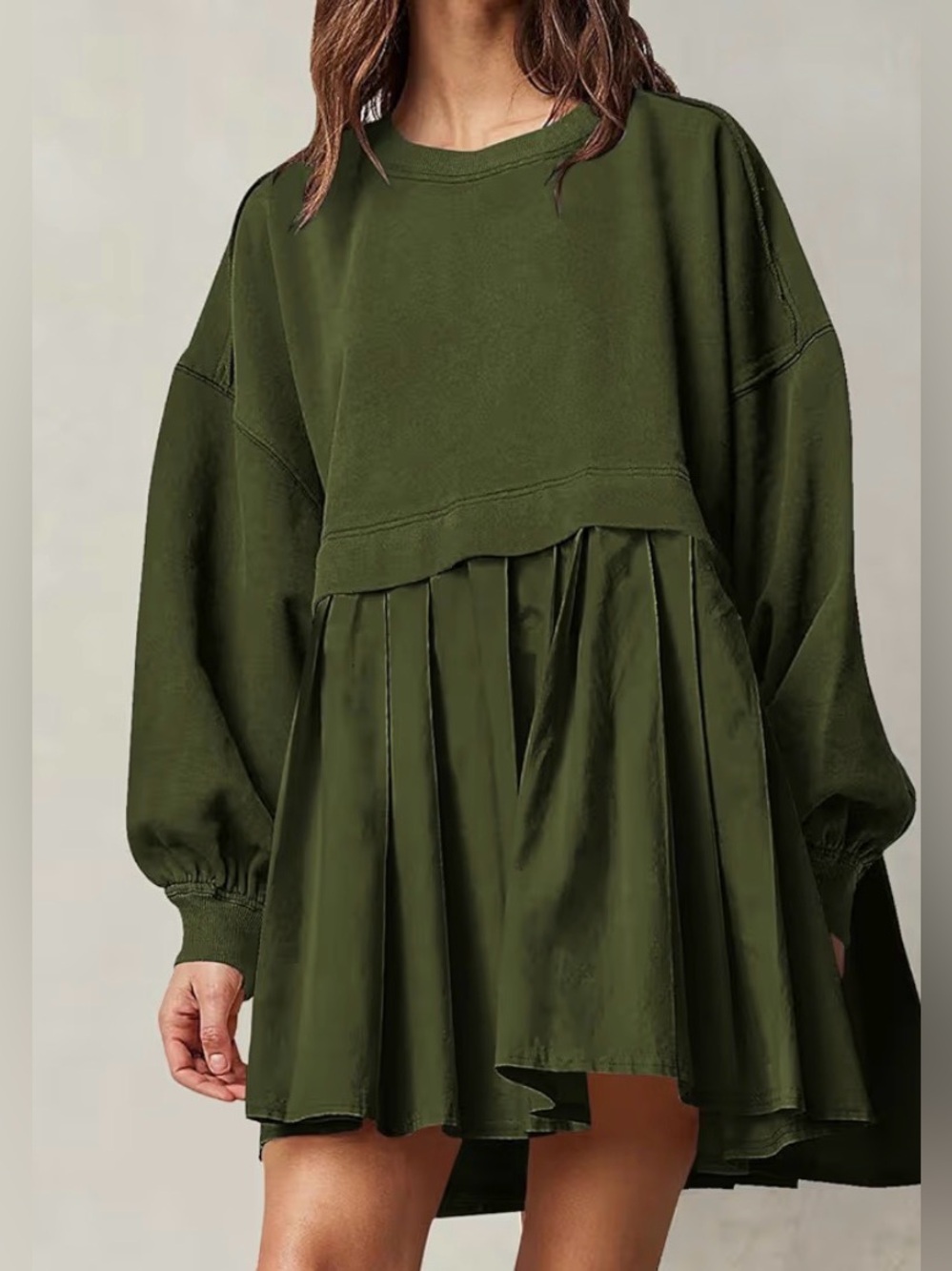 Olive Green Pleated Oversized Sweatshirt Dress - Picture 4 of 8